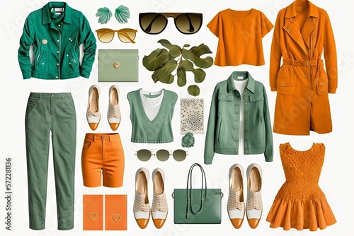 Outfit naranja y verde deportivo, set de ropa informal, vestimenta casual para el día a día primavera verano photo