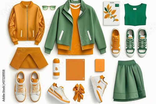 Outfit naranja y verde deportivo, set de ropa informal, vestimenta casual para el día a día primavera verano photo