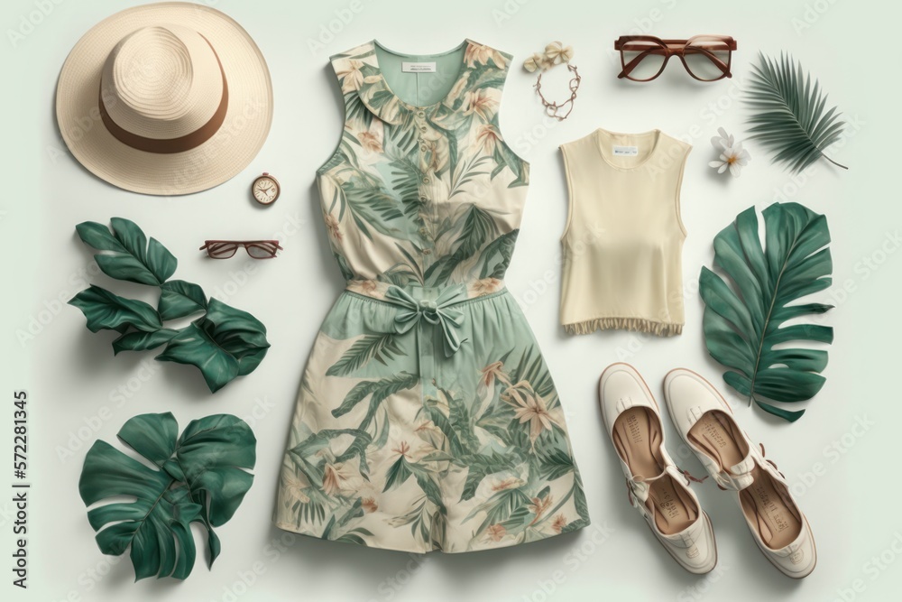 Ropa verano primavera, set de ropa casual para tiempo calido, outfit  tropical para primavera y verano, creado con IA generativa ilustração do  Stock