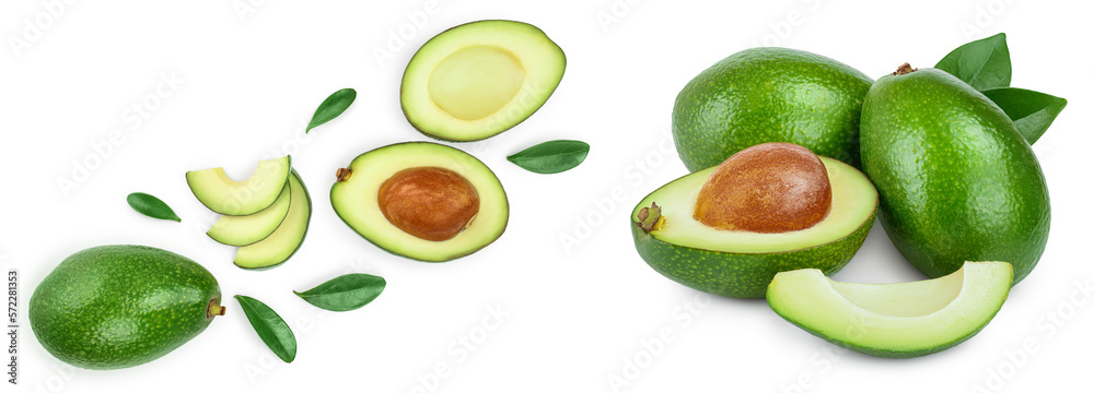 avocado and slices isolated on white background with copy space for your text. Top view. Flat lay avocado and slices isolated on white background with copy space for your text. Top view. Flat lay