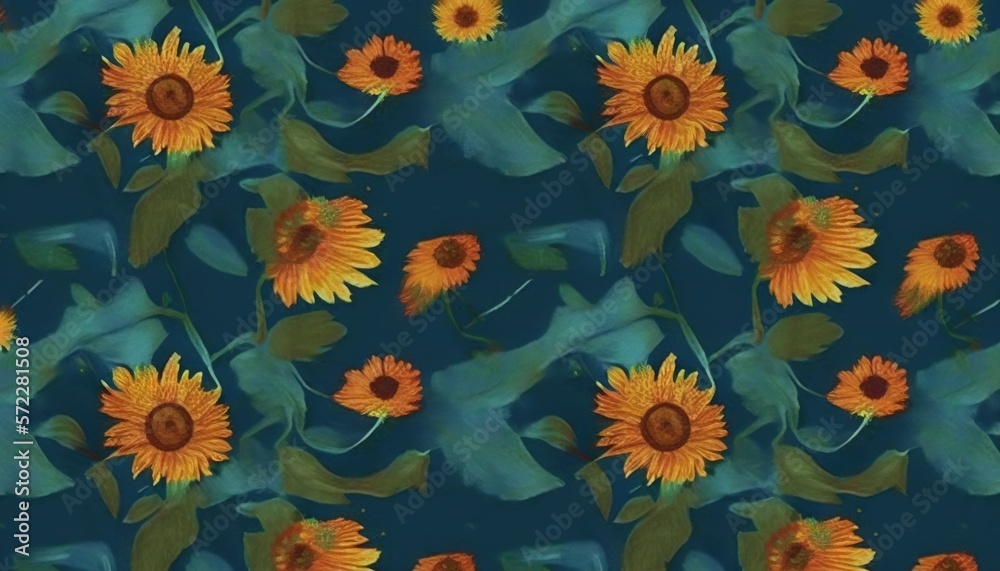 a painting of a bunch of sunflowers on a blue background. generative ai a painting of a bunch of sunflowers on a blue background. generative ai