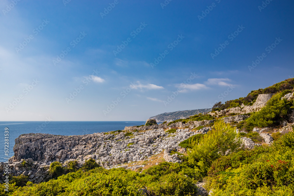 Gagliano del Capo. The beautiful panorama on the blue sea, from the rocky cliff of Salento. The nature trail that leads from the Ciolo bridge to the spectacular Cipolliane caves. Sunny day in summer.