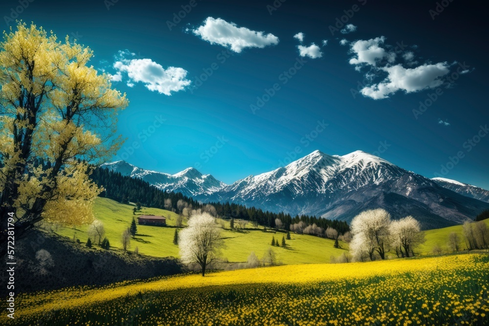 Spring landscape in the mountains with yellow flowers made with Generative AI