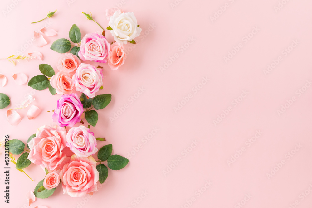 Happy Women's Day decoration concept made from rose flower on pastel background.