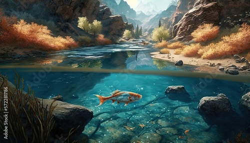  a painting of a fish swimming in a river surrounded by mountains. generative ai