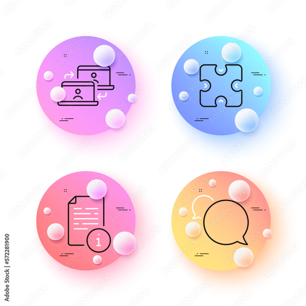 Manual, Puzzle and Messenger minimal line icons. 3d spheres or balls buttons. Outsource work icons. For web, application, printing. Read file, Puzzle piece, Speech bubble. Remote job. Vector Manual, Puzzle and Messenger minimal line icons. 3d spheres or balls buttons. Outsource work icons. For web, application, printing. Read file, Puzzle piece, Speech bubble. Remote job. Vector