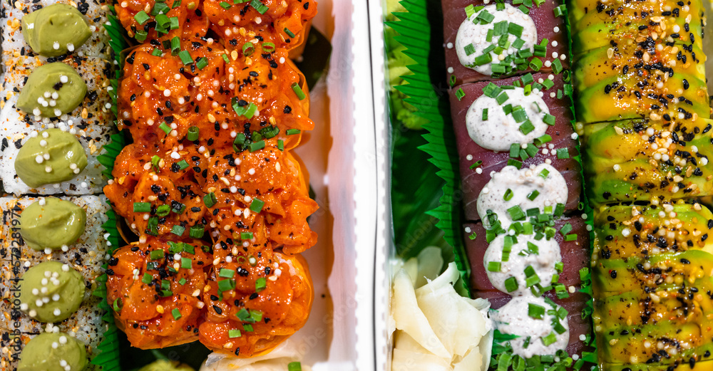 Mixed Set of Various Assorted Maki Sushi with Salmon, Tuna Fish, Caviar, Avocado