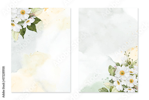 Set of card template with watercolor white anemone flower on stains