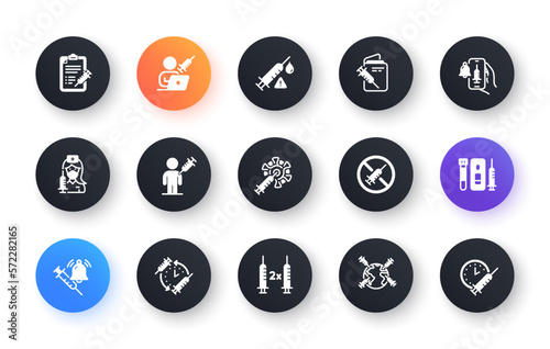 Vaccine icons. Corona jab, Medical Syringe, Vaccination passport icons. Covid vaccine, Human jabbed and Coronavirus dose. Syringe needle, Corona injection, Vaccination notification. Vector