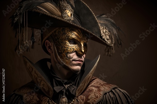 Portrait of a man wearing Venice carnival mask. Generative AI