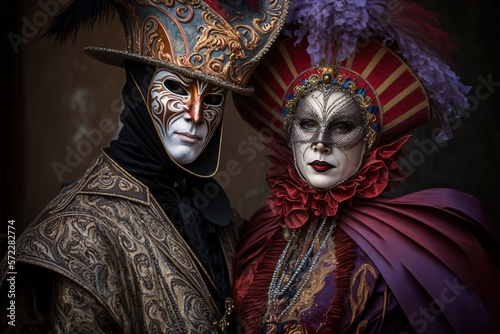 Portrait of a Couple wearing Venice carnival mask. Generative AI