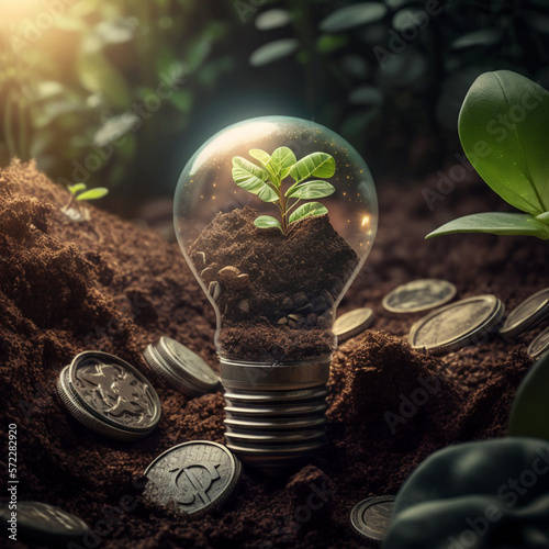 電球は土の上にあり、植物は積み重ねたコインの上で育つ 未来に必要なのは、再生可能エネルギーによる発電です。再生可能エネルギーを利用したグリーンビジネスは、気候変動や地球温暖化を抑制することができるAI画像
