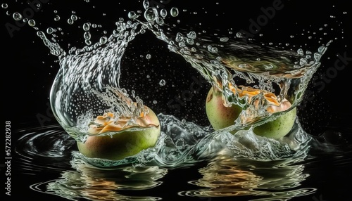  two apples are splashing into water on a black background. generative ai