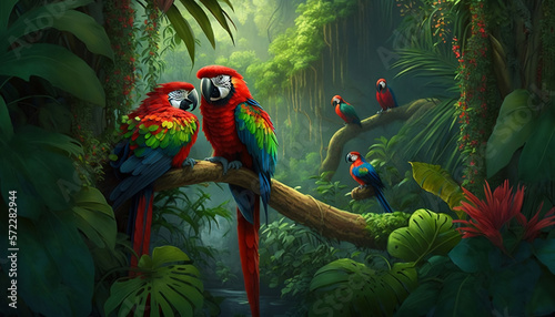 Parrots sitting on a branch in a tropical equatorial forest. Rainforest illustration. Patterned wallpaper with leaves, trees and birds. Natural atmospheric moody light. Leafy background. Generative AI
