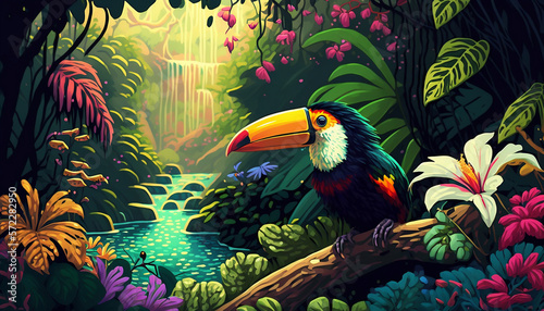 Rainforest with toucan, leaves and flowers. Illustration of a tropical background with colorful birds perched on a branch. Leafy pattern, pastel colors and natural light during the day. Generative AI.