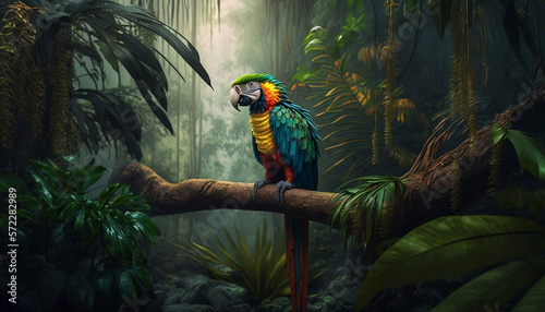 A parrot sitting on a branch in a tropical equatorial forest. Rainforest illustration. Patterned wallpaper with leaves, trees and bird. Natural atmospheric moody light. Leafy background. Generative AI photo