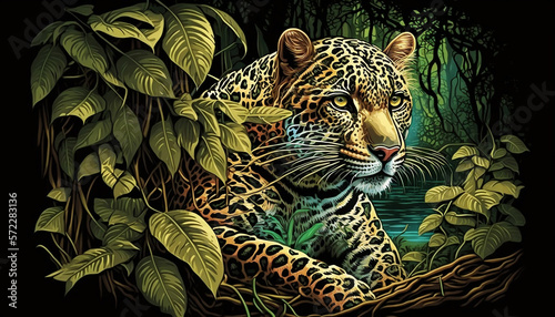 Leopard hiding in the tropical forest. Portrait of a wild predatory cat in the rainforest. Horizontal illustration, patterned background. Large green leaves and trees. Pastel colors. Generative AI.