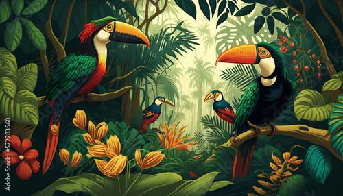 Rainforest with toucan, leaves and flowers. Illustration of a tropical background with colorful birds perched on a branch. Leafy pattern, pastel colors and natural light during the day. Generative AI.