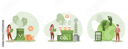 Characters showing ways to reduce CO2 emission impact through carbon management and taxes. Sustainability illustration set.  Low carbon and environmental responsibility concept. Vector illustration.