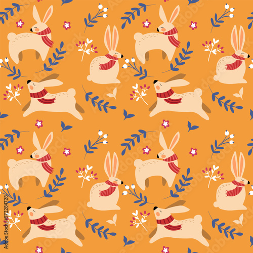 Photographie Seamless vector pattern with cute, white rabbits on floral background
