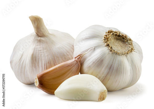 Garlic and cloves close-up on a white background. Isolated