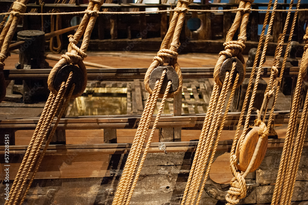 nautical knots on the ropes of an antique historical sailing ship nautical knots on the ropes of an antique historical sailing ship