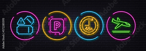 48 hours, Tickets and Parking minimal line icons. Neon laser 3d lights. Arrivals plane icons. For web, application, printing. Delivery service, Admission entrance, Auto park. Airport transport. Vector