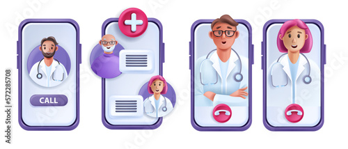 3D online doctor vector telemedicine concept  medical video call man woman therapist avatar  patient. Virtual internet patient digital remote health care service. Online doctor support  smartphone