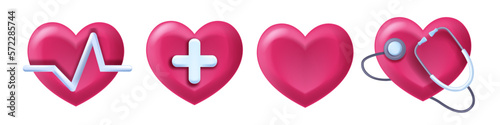 3D heart medical icon vector set, health sign, pulse line wave, cartoon healthcare cardiac clipart. Blood pressure symbol, electrocardiogram hospital research, stylized heartbeat. 3D heart support