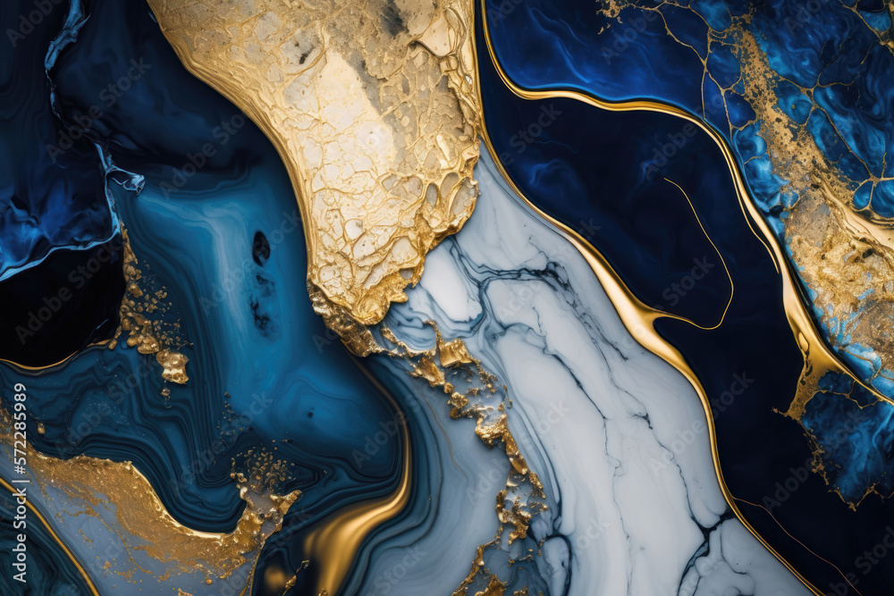 Close-up of blue and shiny gold spirit ink abstract texture, fashionable wallpaper. AI Generation Close-up of blue and shiny gold spirit ink abstract texture, fashionable wallpaper. AI Generation