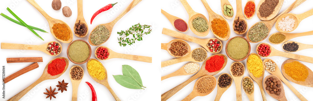 mix of spices in wooden spoon isolated on a white background. Top view. Flat lay. Set or collection mix of spices in wooden spoon isolated on a white background. Top view. Flat lay. Set or collection