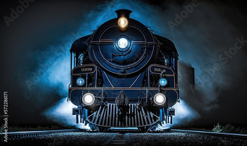  a train is traveling down the train tracks at night time. generative ai