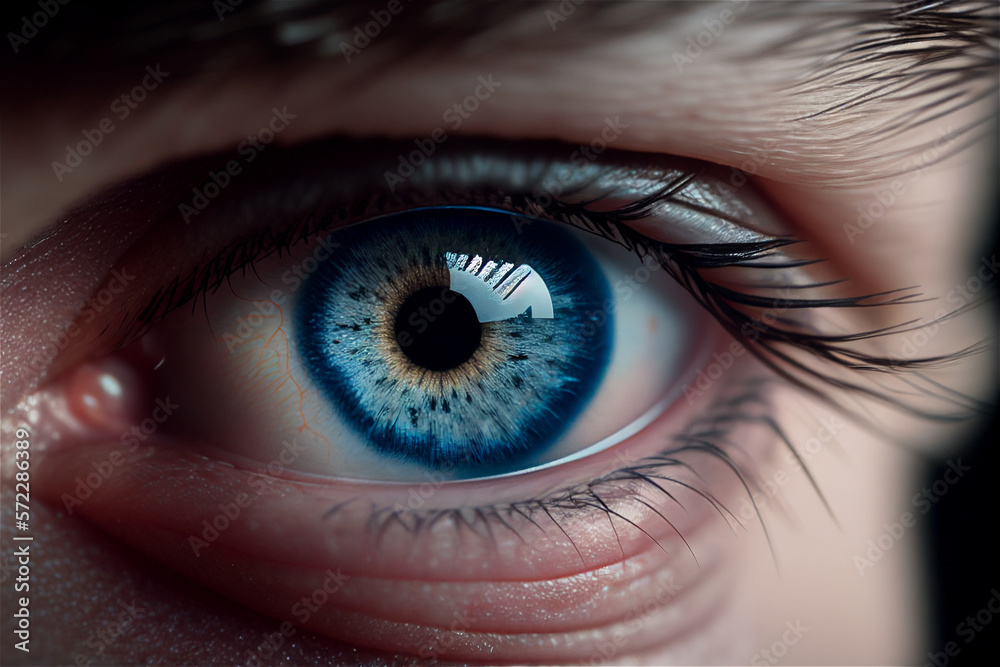 Fototapeta premium Human eye with detailed iris in blue color, illustration Generative Ai