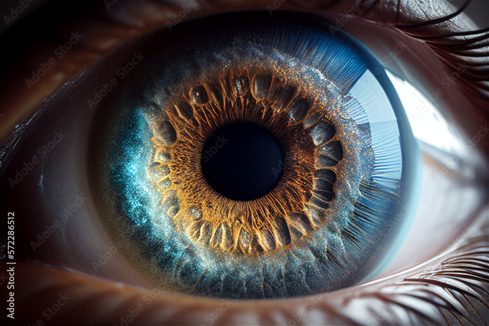 Human eye with detailed iris in brown blue color, illustration Generative Ai
