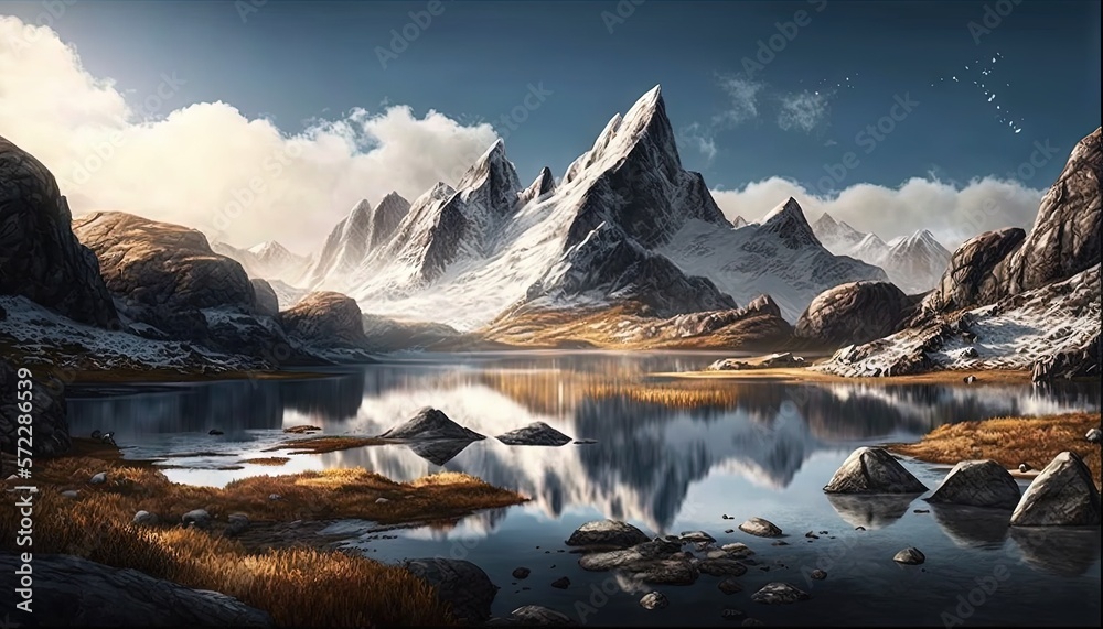  a painting of a mountain lake surrounded by rocks and grass.  generative ai