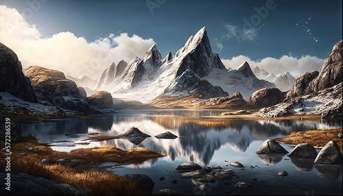 a painting of a mountain lake surrounded by rocks and grass. generative ai