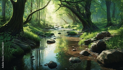  a painting of a stream running through a lush green forest.  generative ai