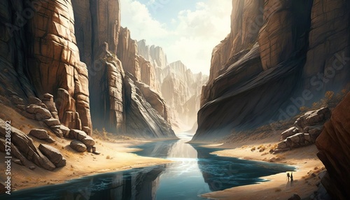  a painting of a canyon with a river running through it. generative ai