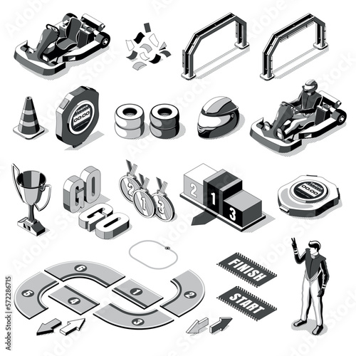isometric icon set for motorsport, design of black and white objects