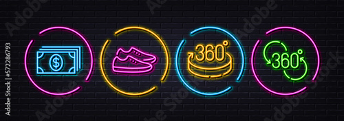 Shoes, Banking and 360 degrees minimal line icons. Neon laser 3d lights. 360 degree icons. For web, application, printing. Fashion footwear, Money payment, Full rotation. Virtual reality. Vector