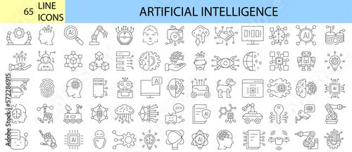Artificial intelligence. Machine learning. 65 line icons set. Robotic, AI. Vector illustration. Editable stroke.