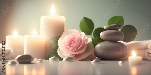 Zen spa relaxation. Ambiance salon de beaut   massage. Banni  re avec pierres et galets empil  s. Bougies et fleurs. Atmosph  re calme et reposante. Generative AI
