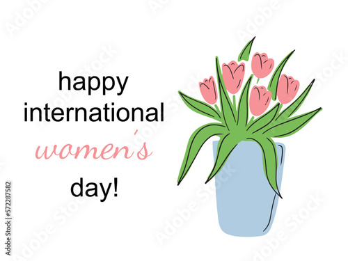 Happy internatonal women's day greeting card isolated on white background. Blue pot vase with pink tulip flowers bouquet with green leaves. Flat cartoon vector hand drawn illustration. photo