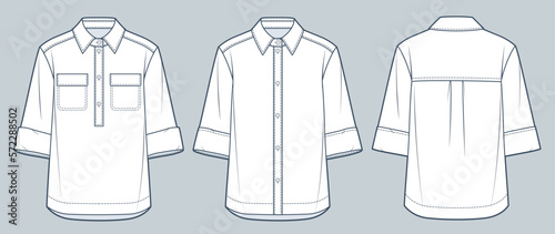 Set of Shirts technical fashion Illustration. Unisex Shirt fashion flat technical drawing template, button closure, pocket, half sleeve, front and back view, white, women, men, unisex CAD mockup set.