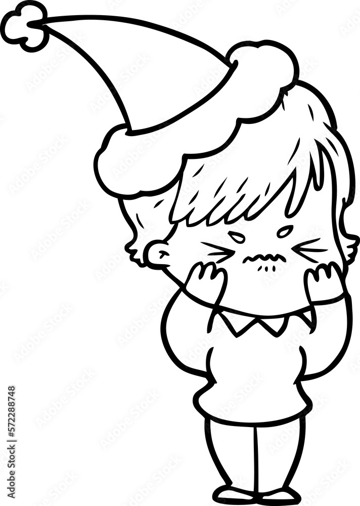line drawing of a frustrated woman wearing santa hat