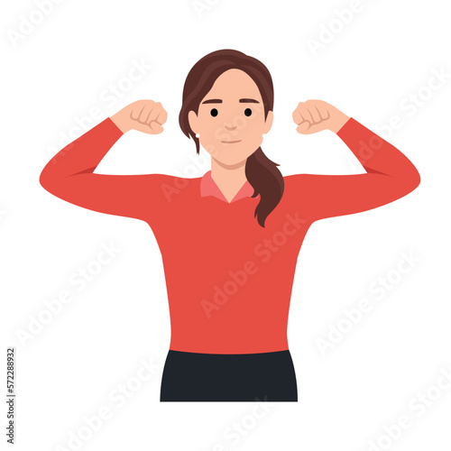 Winning gesture of happy confident woman expressing positive emotion. Successful smiling female character showing strength with fists up. Flat vector illustration isolated on white background