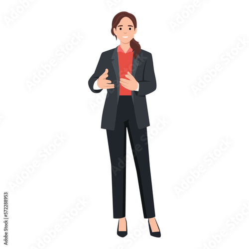 Young woman dressed in business clothes or female office workers talking to viewer. Flat vector illustration isolated on white background