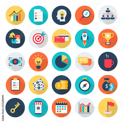 business, marketing and finance flat icons set long shadow. business and finance concept. shopping online symbol on color circle. office elements sign. isolated on white background.