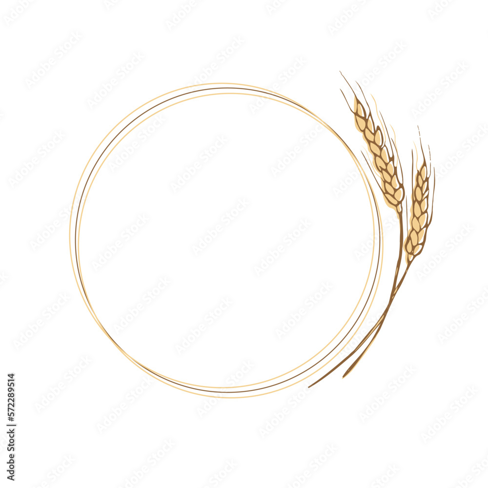 Wreath frame from ears of wheat.A bunch of ears of wheat,dried whole grains.Cereal harvest,agriculture,organic farming,healthy food symbol.Ears of wheat hand drawn.Design element. Isolated background Wreath frame from ears of wheat.A bunch of ears of wheat,dried whole grains.Cereal harvest,agriculture,organic farming,healthy food symbol.Ears of wheat hand drawn.Design element. Isolated background