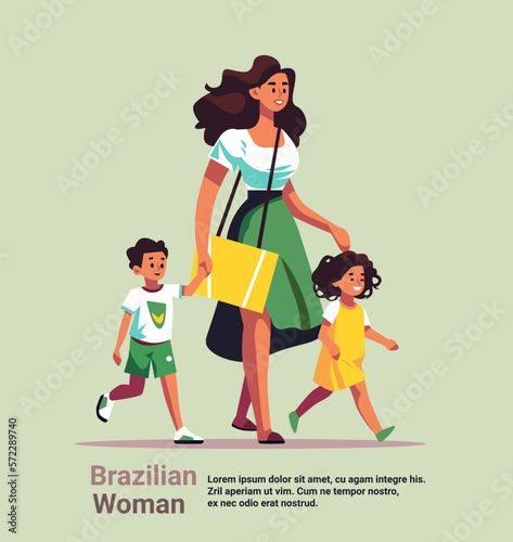 mother and little children walking together brazilian mom taking son and daughter to school or kindergarten motherhood